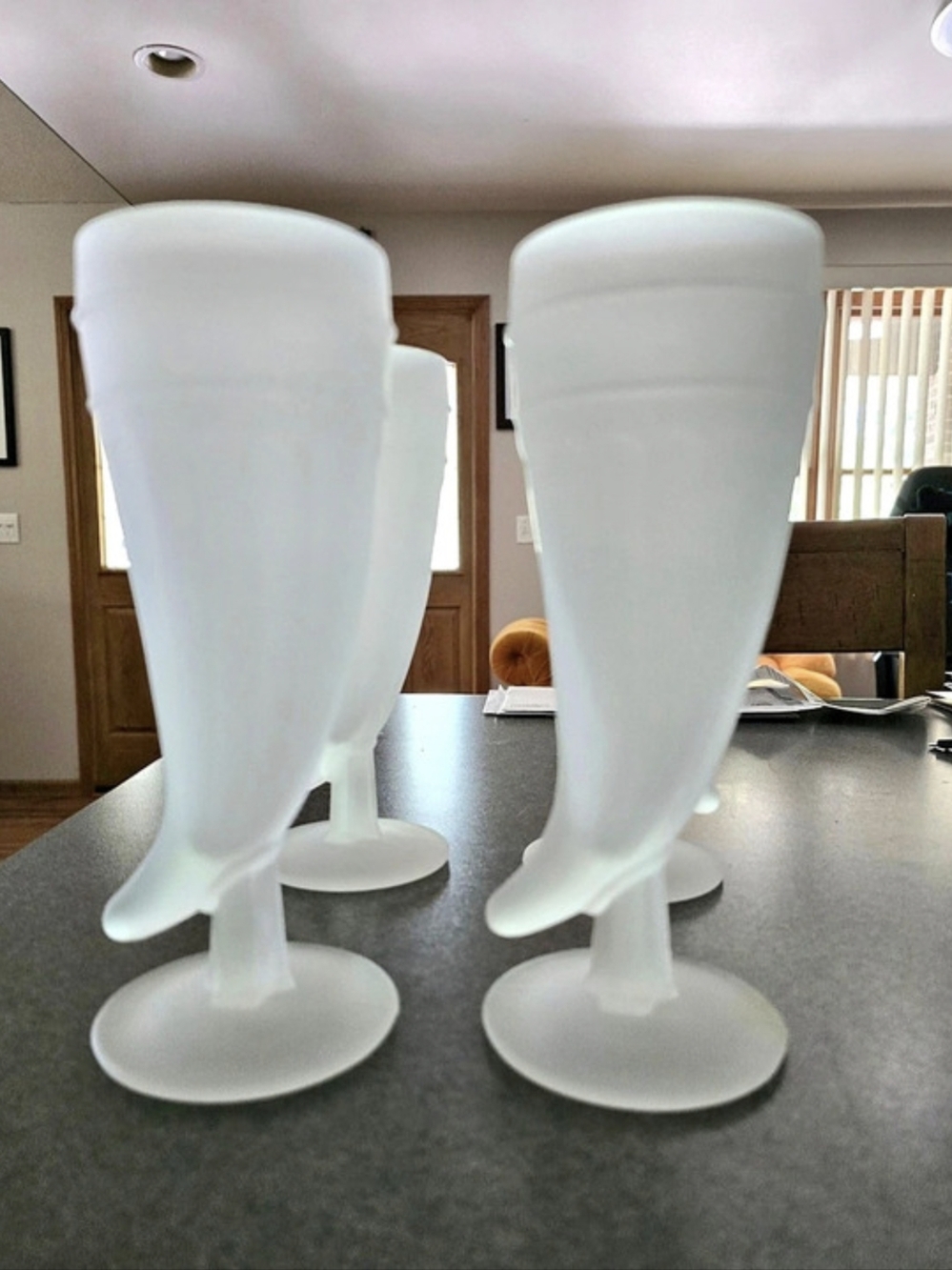 4- vintage Tiara Indiana Glass Frosted Powder Horn Pilsner Glasses.